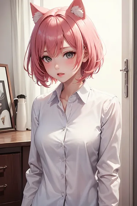 masterpiece, top quality, best quality, official art, beautiful and aesthetic,, , 1girl with cat ear, perfect figure, pink hair, complex details, secondary animation style, bedroom, sunny day, request for help, (white shirt:1.5), spoken blush, misty eyes, ...