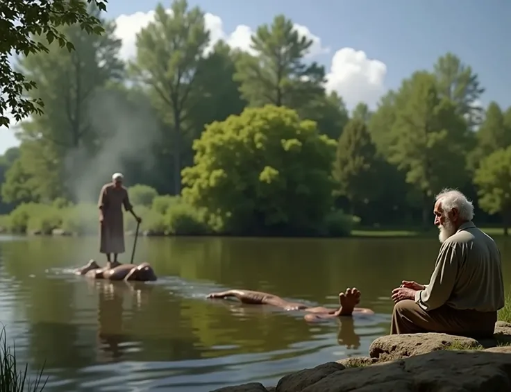 A photorealistic image of a wise old man sitting on a stone near the bank of a river. The old man sees a floating human dead body, passing in the river. Human dead body floating belly down, head underwater. A human body floating face down in a river. Half-...