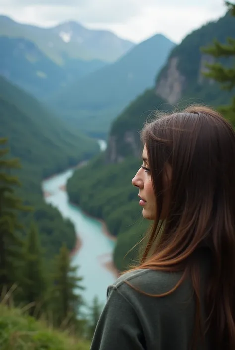 high resolution, masterpiece, high quality, HD, Focus on a young woman&#39;s face, Human Model, Overlooking Large forest from Back, mountain landscape, forest, nature, river