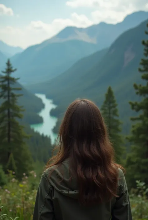 high resolution, masterpiece, high quality, HD, Focus on a young woman&#39;s face, Human Model, Overlooking Large forest from Back, mountain landscape, forest, nature, river