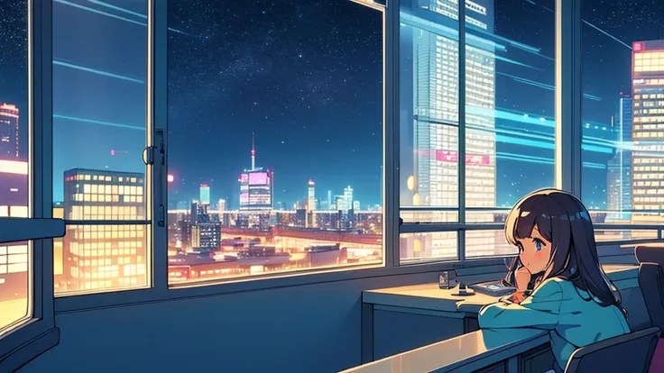 city pop　chill　night　super detailed　retro　night景　window　80&#39;s　one girl　purple　pink　girls pop　stylish　cute