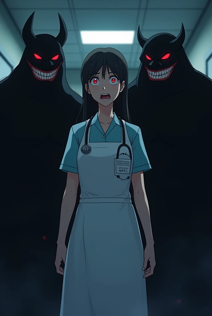 Animated scene. A frightened female doctor(27 years old having same height as demons) wearing apron. Night scene. Background having hospital. 2 black devil (totally black coloured having red eyes smiling) make it look a bit less animated and should look li...