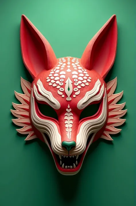 Red and white kitsune mask, wooden mask,Japanese mask,bacground greenscreen