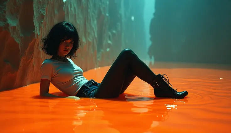 70s setting, grainy analog film, abstract art, stylish legend, artwork, conceptual art, drama, indulges in fetish, black stockings, vintage liquid jeans cut-offs, t-shirt, slave collar, heels, completely drowned in slime, orange blue, black, void