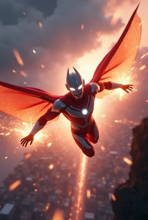 ultraman, flying, superhero, action, energy blast, space, futuristic city, glowing energy, dramatic lighting, cinematic angle, dynamic pose, detailed texture, high quality, 8k, masterpiece, photorealistic, volumetric lighting, cinematic, epic scale, intric...