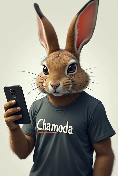 A fierce rabbit wearing a t-shirt holding a phone has Chamoda written on it