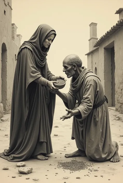 Drawing of Saint Elizabeth of Hungary helping a sad and very hungry person

