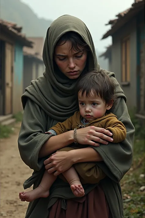 Une femme dans un village , très vulnérable avec son enfant malade