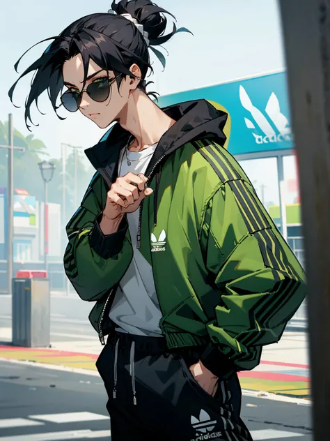 1male, hawaiian hair, black hair, top knot hair, green eyes, adidas jacket, black sweatshirt, adidas sweatpants, chain, convenience store, sunglasses