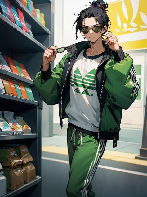 1male, hawaiian hair, black hair, top knot hair, green eyes, adidas jacket, black sweatshirt, adidas sweatpants, chain, convenience store, sunglasses