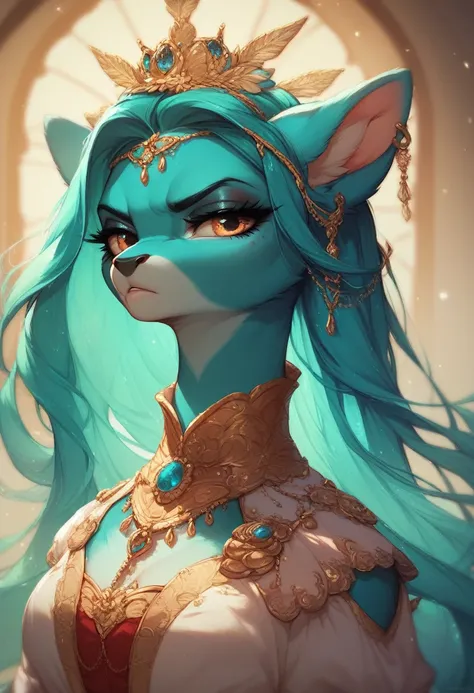 She is depicted in her royal attire, with long turquoise hair and deep blue fur..The clothes are beautiful and sophisticated. The pony is elongated and mature. Decorating. A serious face.