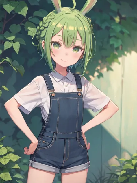 One Girl、Zundamon、Green Hair、Green rabbit ears、A single green braid、Golden Eyes、short hair、Overalls、Shorts、White short sleeve shirt、smile、Put your hands on your hips、smug face、