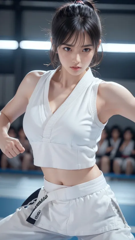 (sporty bra visible)、(((sexy karate singlet)))、female karateka with bangs and a ponytail、the navel and under the chest are visib...