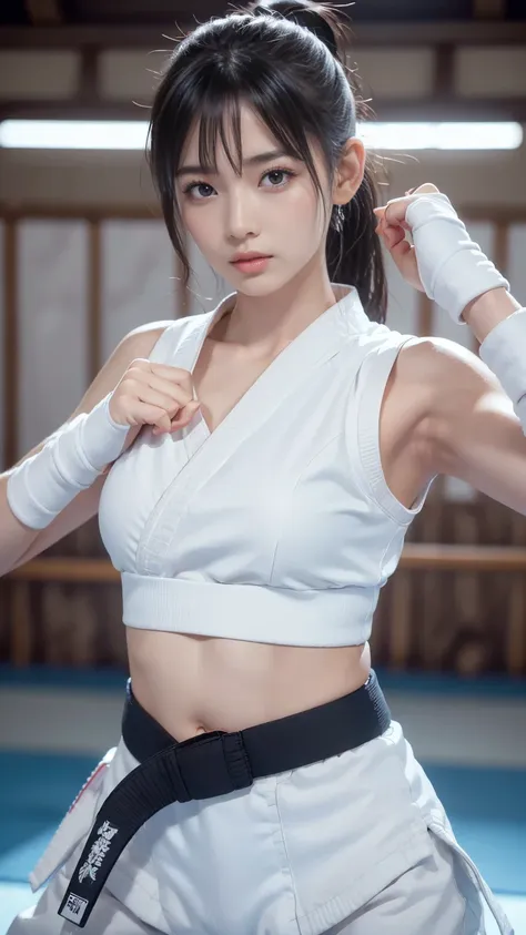 (sporty bra visible)、(((sexy karate singlet)))、female karateka with bangs and a ponytail、the navel and under the chest are visib...