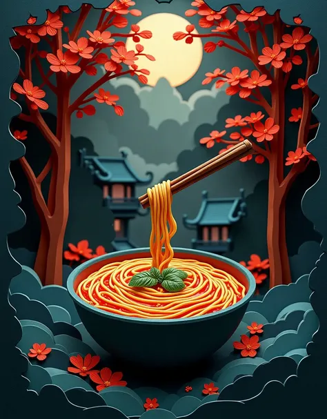 3D Paper cut art, super detailed, a paper cut demonstrates a bowl of chinese noodle soup, in the background are trees and the silhouette of an ancient chinese house, dark background, mystery atmosphere