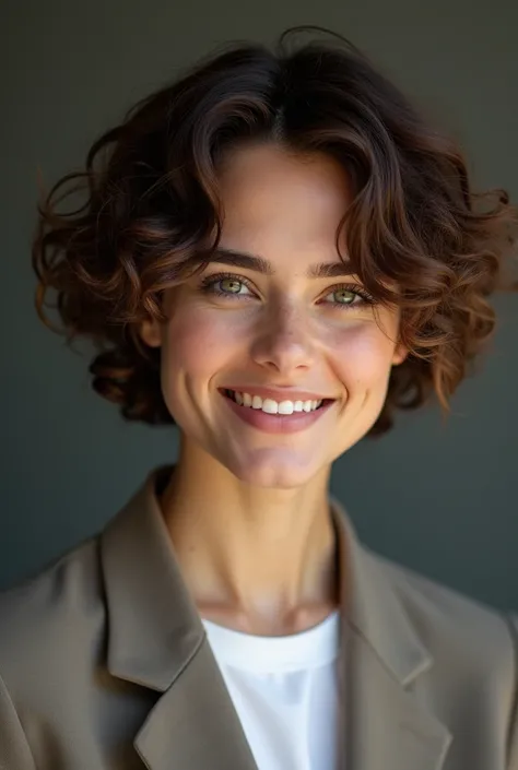 create a realistic psychologist, newly graduated short formal curly hair with type 4a entrances. thin the eyebrow too. offwhite, with medium to thick lips and brown hair