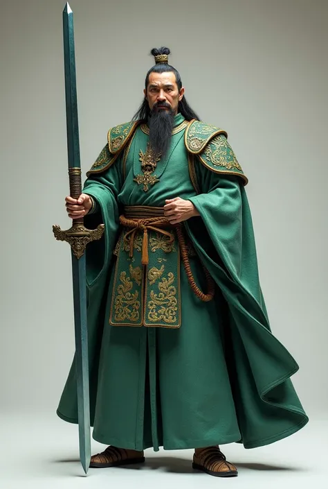 The full body model of Guan Yu in the Romance of the Three Kingdoms. He is holding the Blue Dragon Sword upright. The color of the clothes is green.