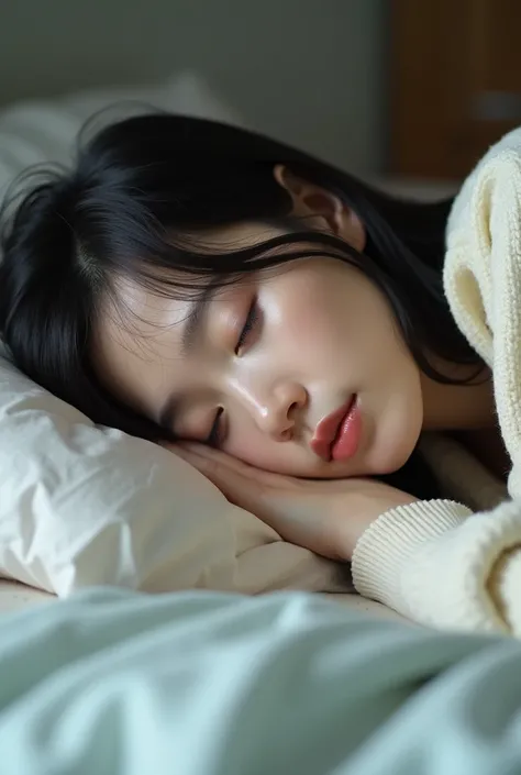 A korean girl with cum on her face sleeping on bed 