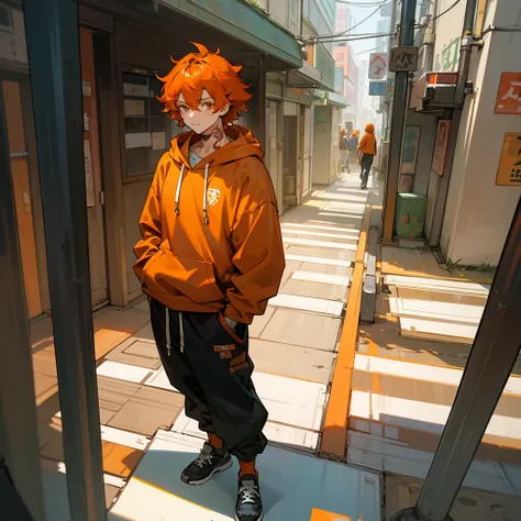 1male, adult, finely detailed honey eyes, wild medium hair, orange hair color, hoodie, baggy pants, standing on building, day time, tokyo streets, calm expression, muscular, tattoos