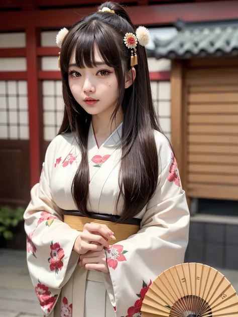 ( bangs, blunt bangs, brown hair, Hime cut, Depth of written boundary, f/4.0, 135mm, Nikon, uhd, masterpiece, Textured skin, Super detailed,4K,Wide-area lighting),(Beautiful woman: 1.4、Very white skin、Fine grain、 double eyelid)、(((hair ornaments、Kimono tha...