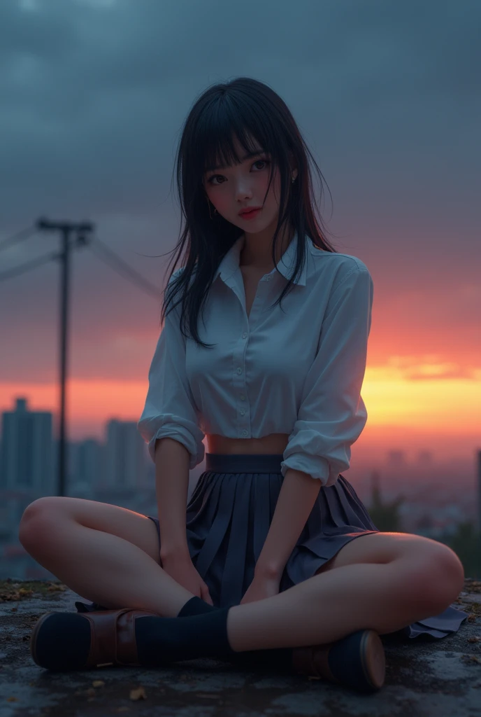 (8k, Highest quality, masterpiece: 1.2), (Realistic, photoRealistic: 1.2), sitting, (Panty shot)))), (Spread your legs)))), alone, Beautifully painted sky, night, Wet, Observe the audience, (sit: 1.5), date, future, (Nose brush), smile, Big Breasts, Beauti...