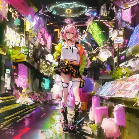 Anime girl with pink hair and green jacket standing in a store, Digital Cyberpunk - Anime Art, digital Cyberpunk anime art, anime cyberpunk art, Colorful Fox City, Glitch Punk Girl, Cyberpunk anime art, Dreamy psychedelic anime, A mix of anime style and Fu...