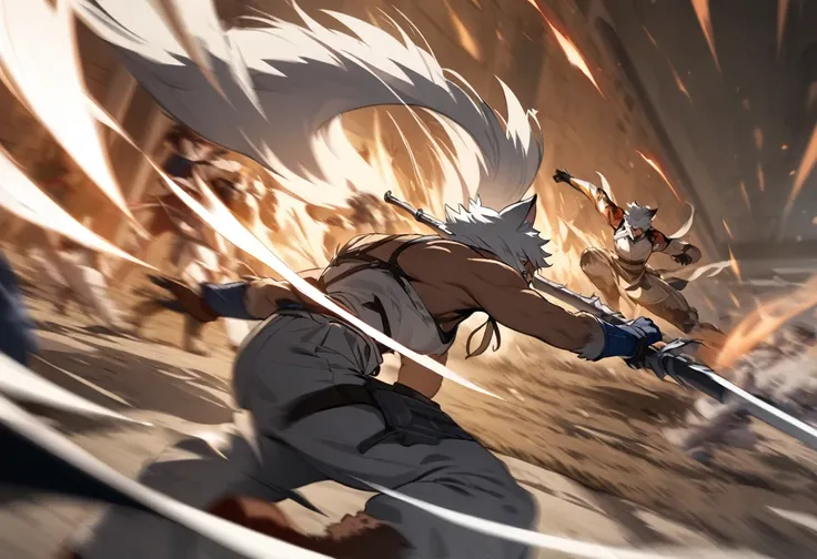 top quality, high-quality illustrations((masterpiece))depth of field, motion blur, absurdres, Perfect Anatomy, magnificent picture of kemono fighting fierce battles, kemono, 1boy, solo focus, Anthro((dramatic))epic, weapon, dynamic pose, One scene of movie...