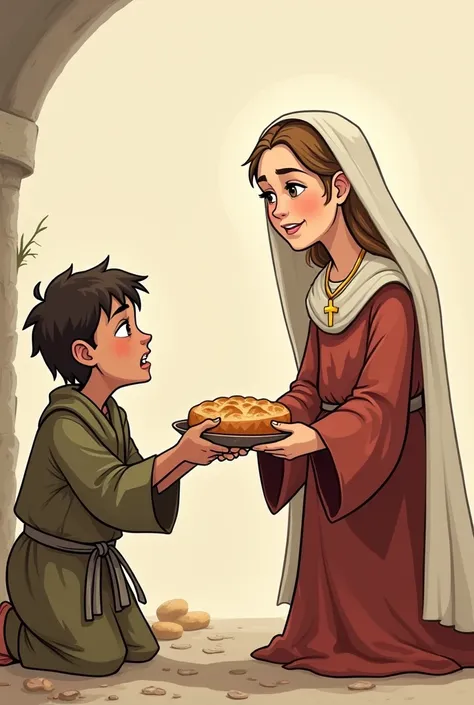 Cartoon of Princess Saint Elizabeth of Hungary helping a sad and very hungry person with a piece of bread

