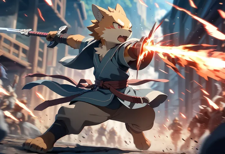 top quality, high-quality illustrations((masterpiece))depth of field, motion blur, absurdres, Perfect Anatomy, magnificent picture of kemono fighting fierce battles, kemono, 1boy, solo focus, Anthro((dramatic))epic, weapon, dynamic pose, One scene of movie...