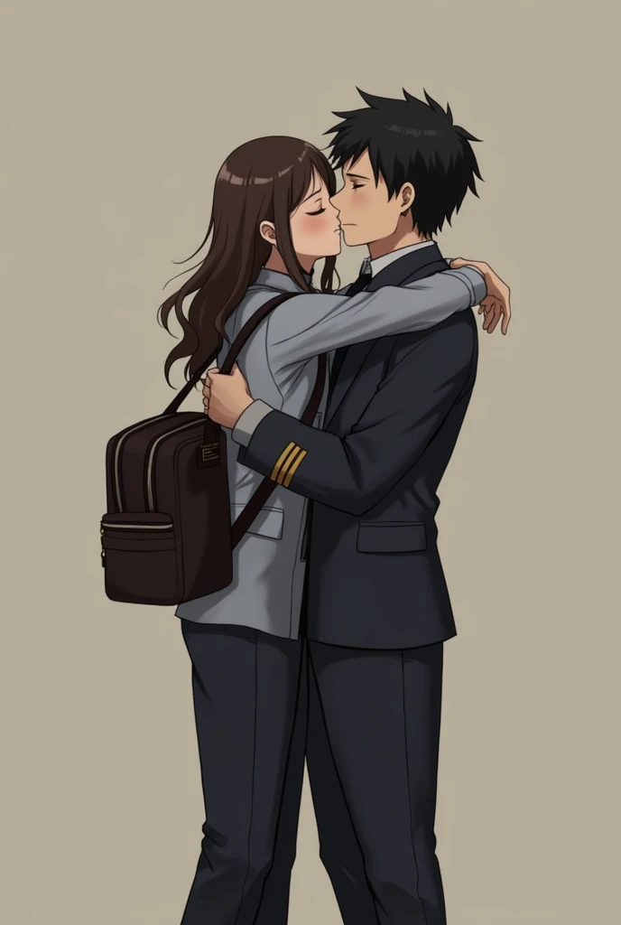 Male Couple Multiple Living together BL Pilot Uniform Bag hug Hugging Hug Kiss on the cheek Hugging from behind Black hair Brown hair Tall Full body