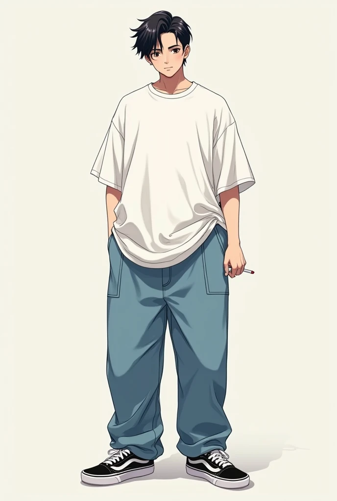 Oversized clothing, plain white t-shirt, extra wide jeans, black VANS sneakers, male, slicked back hair, two-block style, front, full body, anime, about high school age, cigarette in right hand