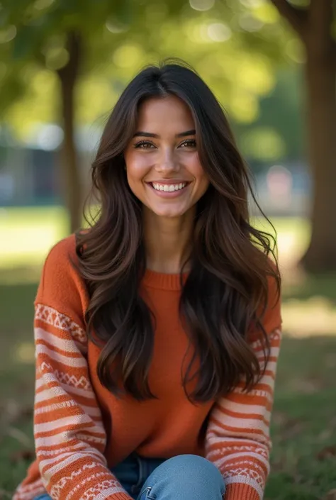 a beautiful Mexican woman with long brown hair, detailed eyes, nose, and lips, wearing colorful, casual, modern outfit, siting in the park, smiling, happy to be alive (best quality,4k,8k,highres,masterpiece:1.2),ultra-detailed,(realistic,photorealistic,pho...