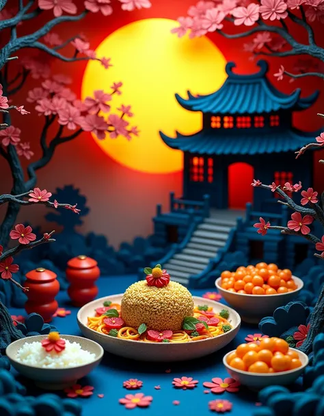 3D Paper cut art, super detailed, kirigami, a paper cut demonstrates some chinese food dishes, in the background are trees and the silhouette of an ancient chinese house, dark background, mystery scary atmosphere, deep blue and yellow background, no red