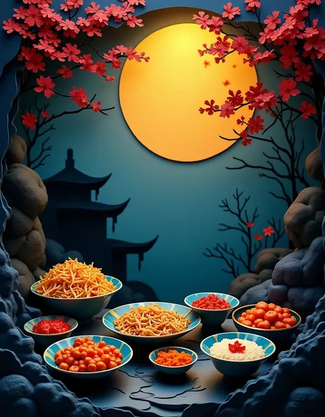 3D Paper cut art, super detailed, kirigami, a paper cut demonstrates some chinese food dishes, in the background are trees and the silhouette of an ancient chinese house, dark background, mystery scary atmosphere, deep blue and yellow background, no red