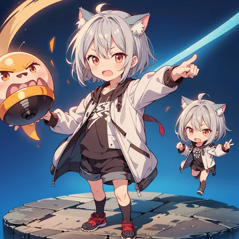 (chibi:1.3)，(Get angry)，Full body pointing，masterpiece, A world where magic and technology coexist, Cat Eared Man(Gray Hair, short hair) ，(boy)，Hone your skills，Let&#39;s go on a journey to uncover the secrets of power., Beautiful Eyes，depicted in detail. ...