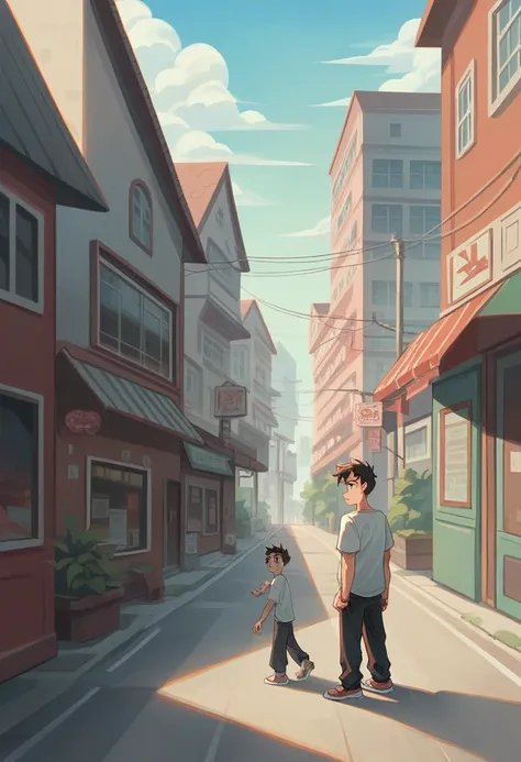 Sunny at noon, (boy 1.5) A boy is on the side of the street, the street is the background, the man is wearing a white T-shirt, the background is outdoors, the expression is particularly happy, the expression of excitement, the euphoria is a close-up, the l...