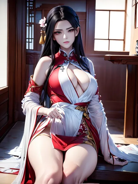 a woman with dark skin wearing a red and white hanfu dress, sitting in a classical Chinese interior room, long white hair with a golden hairpin, flower tattoo arm, (best quality,4k,8k,highres,masterpiece:1.2),ultra-detailed,(realistic,photorealistic,photo-...