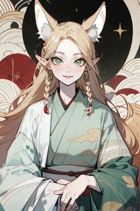 Upper body standing painting, Faraway view, in a panoramic view, sweetheart, solo, pale-skinned, (Fox ears), Elaborate Eyes, Details on the face, Green-eyed, Red Eyeshadow, The lips are red, white magic dress, awas, pervert smirk, japanses clothes, ukiyoe ...