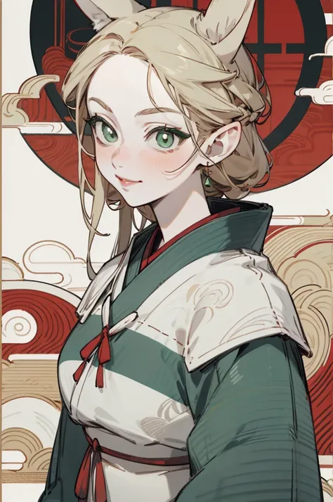 Upper body standing painting, Faraway view, in a panoramic view, sweetheart, solo, pale-skinned, (Fox ears), Elaborate Eyes, Details on the face, Green-eyed, Red Eyeshadow, The lips are red, white magic dress, awas, pervert smirk, japanses clothes, ukiyoe ...