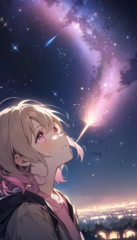 good looking, Alone, 1 female, Medium Hair, Light brown hair, Pink highlights on the tip,Pale pink eyes,Looking up at the stars in the park at night,Astronomical Observation,An emotional face