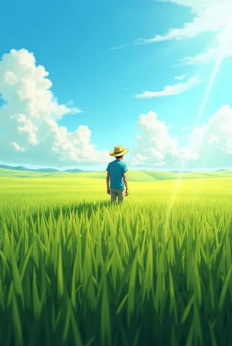 One sunny afternoon in a rice field, There is a man wearing a brimmed hat., blue shirt