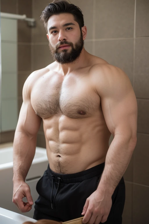 ((best quality)), ((masterpiece)), (detailed), perfect big detailed hairy plump muscle man in bath , beard, dark skin color, skinhead, Japanese men, 