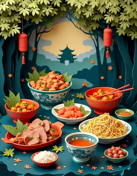 3D Paper cut art, super detailed, kirigami, a paper cut demonstrates some chinese food dishes including vegetable and meet and noodle and rice, in the background are trees and the silhouette of an ancient chinese house, dark background, mystery atmosphere,...