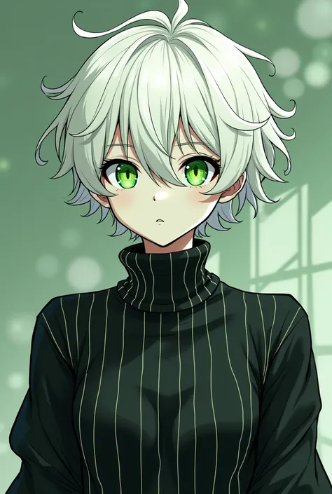 23 year old young adult with lime colored skin, albino, wavy white hair strong green pupils with light swirls, Black t-shirt with vertical white stripes with a long turtleneck and elegant long sleeves, in a less realistic anime style and that he is a man.