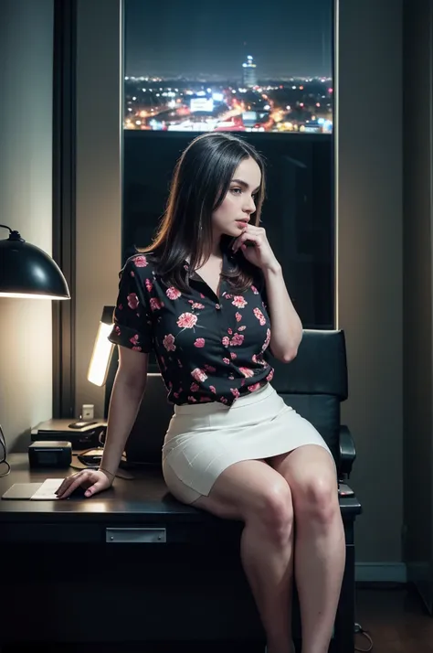 (masterpiece),  office girl, sexy, posterior,( black floral buttoned shirt )and (( white skirt)),natural light, photorealistic, ...