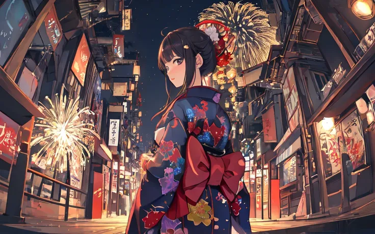 (masterpiece:1), (best quality:1), !high quality:1), 1girl, from_below, from behind, standing, wide_shot, fisheye, fireworks, outside, night, kimono, cinematic