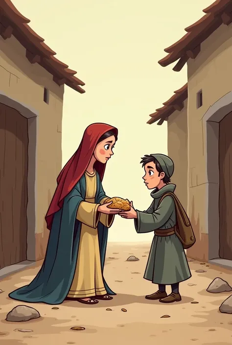 Cartoon of Princess Saint Elizabeth of Hungary helping a sad and very hungry person with a piece of bread

