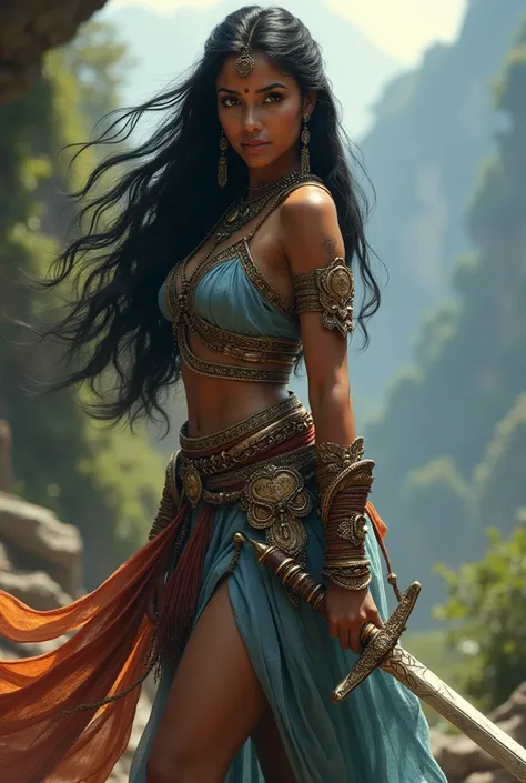 A girl of 5.8 feet long black hair Indian. In a warrior dress holding a sword