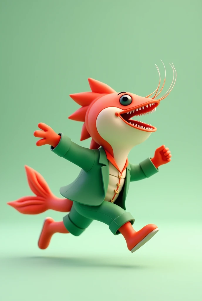 (photorealism:1.2), Create a 3D mascot for Kabupaten Sidoarjo that combines a shrimp and a milkfish. The mascot should be depicted in a running pose with a cheerful expression. It should be dressed in an elegant green outfit. The design should convey both ...