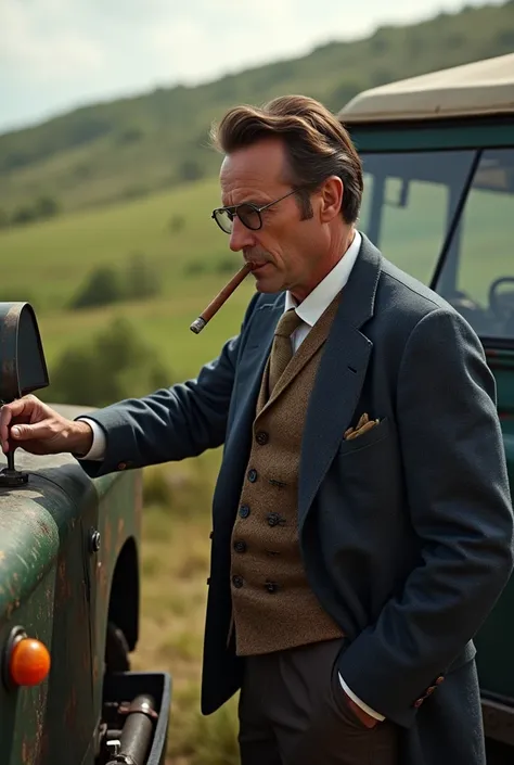 Create a realistic photo of an extremely elegant Englishman with a monocle and a cigar repairing a Land Rover Defender